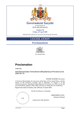 Government Gazette of the STATE of NEW SOUTH WALES Number 50 Friday, 29 April 2005 Published Under Authoritynew by Government South Wales Advertising and Information