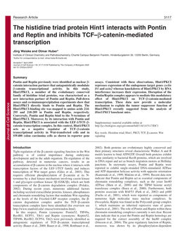 The Histidine Triad Protein Hint1 Interacts with Pontin and Reptin and Inhibits TCF–Β-Catenin-Mediated Transcription