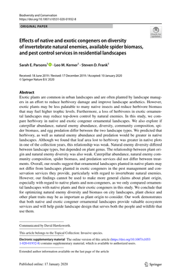 Effects of Native and Exotic Congeners on Diversity of Invertebrate Natural Enemies, Available Spider Biomass, and Pest Control