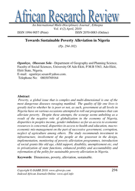 Towards Sustainable Poverty Alleviation in Nigeria (Pp