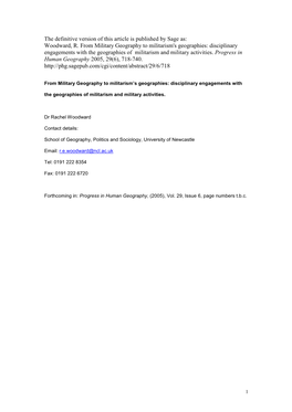 Woodward, R. from Military Geography to Militarism's Geographies: Disciplinary Engagements with the Geographies of Militarism and Military Activities