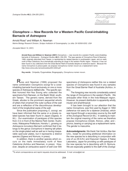 New Records for a Western Pacific Coral-Inhabiting Barnacle of Astreopora Arnold Ross* and William A