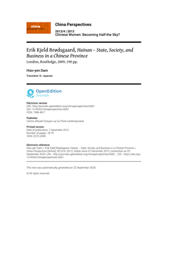 China Perspectives, 2012/4 | 2012 Erik Kjeld Brødsgaard, Hainan – State, Society, and Business in a Chinese Pro
