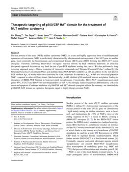 Therapeutic Targeting of P300/CBP HAT Domain for the Treatment of NUT Midline Carcinoma