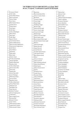 VICTORIA FALLS CHECKLIST As at June 2013 R=Rare, V=Vagrant, ?=Confirmation Required, K=Kazungula