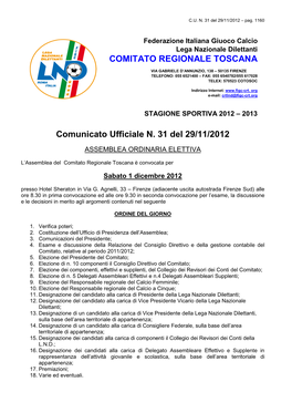 Comunicato Ufficiale N. 31 Del 29/11/2012 COMITATO REGIONALE TOSCANA