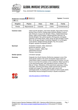 Eichhornia Crassipes Global Invasive