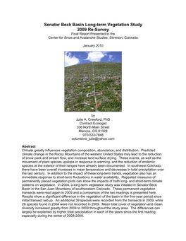 Senator Beck Basin Long-Term Vegetation Study 2009 Re-Survey Final Report Presented to the Center for Snow and Avalanche Studies, Silverton, Colorado