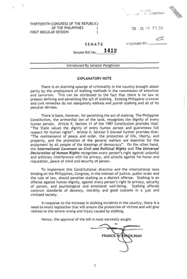 THIRTEENTH CONGRESS of the REPUBLIC) of the PHILIPPINES ) FIRST REGULAR SESSION ) Senate Bill No. Introduced by Senator Pangilin