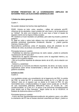 INFORME PRESENTADO EN LA CCORDINADORA AMPILADA DE BATZARRE TRAS LAS ELECCIONES GENERALES 2004 1) Sobre Los Datos Generales. Cuad