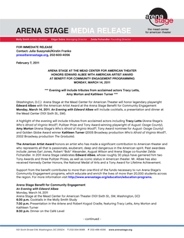 FOR IMMEDIATE RELEASE Contact: Julia Suszynski/Kirstin Franko Press@Arenastage.Org, 202-600-4056