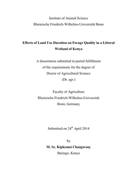 Effects of Land Use Duration on Forage Quality in a Littoral Wetland of Kenya