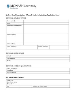 Jeffrey Cheah Foundation – Monash Equity Scholarships Application Form