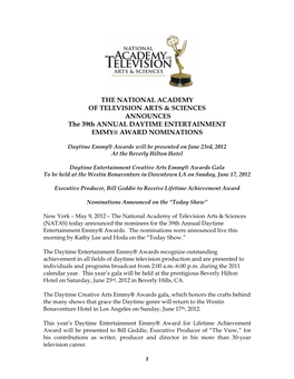 THE NATIONAL ACADEMY of TELEVISION ARTS & SCIENCES ANNOUNCES the 39Th ANNUAL DAYTIME ENTERTAINMENT EMMY® AWARD NOMINATION