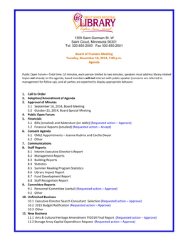 Board of Trustees Meeting Tuesday, November 18, 2014, 7:00 Pm Agenda