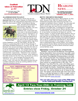 April 13 Two-Year-Olds in Training Sale Entries Close Friday, October 24
