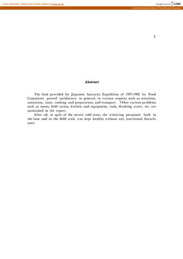 Abstract the Food Provided for .Japanese Antractic Expedition of 1957-1962 by Food Committee Proved Satisfactory in General, In