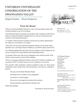 UNITARIAN UNIVERSALIST CONGREGATION of the SWANNANOA VALLEY Sunday Programming