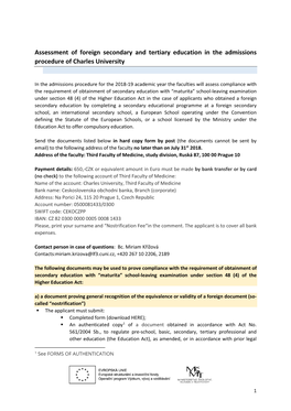 Assessment of Foreign Secondary and Tertiary Education in the Admissions Procedure of Charles University