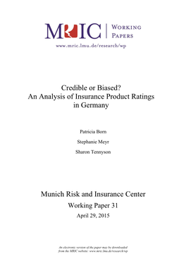 Credible Or Biased? an Analysis of Insurance Product Ratings in Germany
