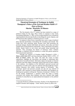 Theatrical Strategies of Testimony in Judith Thompson's Palace of the End and Heather Raffo's 9 Parts of Desire Sherine Moustafa El Shoura Abstract