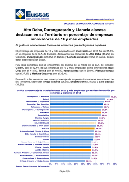 ENCUESTA DE INNOVACIÓN. COMARCAS Año 2016. Alto Deba, Duranguesado Y Llanada Alavesa Destacan En Su Territorio En Porcentaje