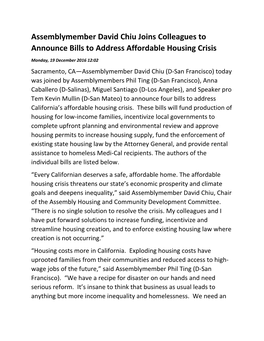 Assemblymember David Chiu Joins Colleagues to Announce Bills to Address Affordable Housing Crisis