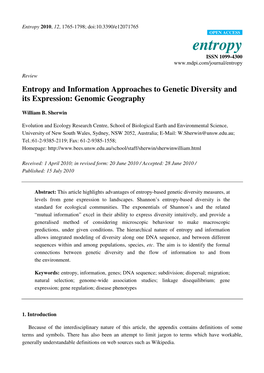 Entropy and Information Approaches to Genetic Diversity and Its Expression: Genomic Geography