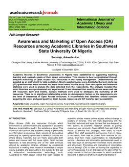 (OA) Resources Among Academic Libraries in Southwest State University of Nigeria