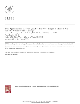 Ritual Appropriateness in "Seven Against Thebes." Civic Religion in a Time of War Author(S): Manuela Giordano-Zecharya Source: Mnemosyne, Fourth Series, Vol