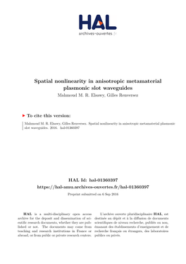 Spatial Nonlinearity in Anisotropic Metamaterial Plasmonic Slot Waveguides Mahmoud M