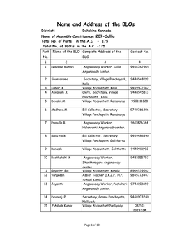 Name and Address of the Blos District: Dakshina Kannada Name of Assembly Constituency: 207-Sullia Total No