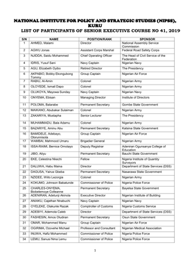 National Institute for Policy and Strategic Studies (Nipss), Kuru List of Participants of Senior Executive Course No 41, 2019