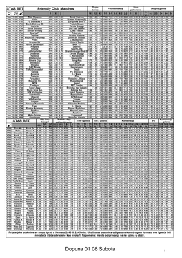 Dopuna 01 08 Subota 1 Dupla Prvo Poluvreme-Kraj Ukupno Golova STAR BET Romania 1 Šansa Poluvreme 2+ 1 X 2 1X 12 X2 1-1 X-1 X-X X-2 2-2 1 X 2 0-2 2-3 3+ 4+ 5+    1P