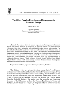The Other Nearby. Experiences of Strangeness in Southeast Europe