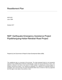 Resettlement Plan NEP: Earthquake Emergency Assistance Project Pipalbhanjyang-Haitar-Netrakali Road Project