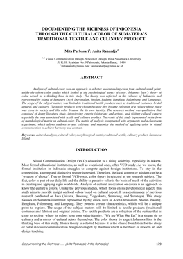 Documenting the Richness of Indonesia Through the Cultural Color of Sumatera’S Traditional Textile and Culinary Product