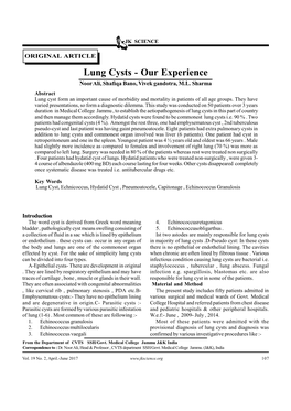 Lung Cysts - Our Experience Noor Ali, Shafiqa Bano, Vivek Gandotra, M.L