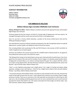 PLAYER SIGNING PRESS RELEASE Atlético Ottawa Signs Canadian Midfielder Zach Verhoven