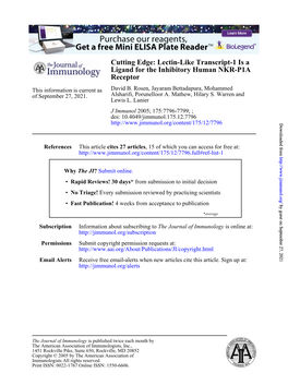 Receptor Ligand for the Inhibitory Human NKR-P1A Cutting Edge: Lectin-Like Transcript-1 Is A