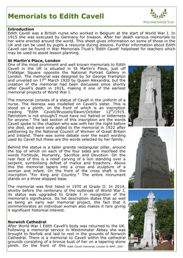 Memorials to Edith Cavell Information Sheet