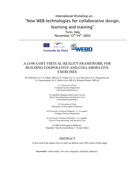 “New WEB Technologies for Collaborative Design, Learning and Training” Turin, Italy November 13Th-14Th, 2003