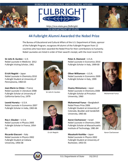 44 Fulbright Alumni Awarded the Nobel Prize