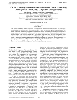 On the Taxonomy and Nomenclature of Common Indian Cricket Frog Rana Agricola Jerdon, 1853 (Amphibia: Dicroglossidae)