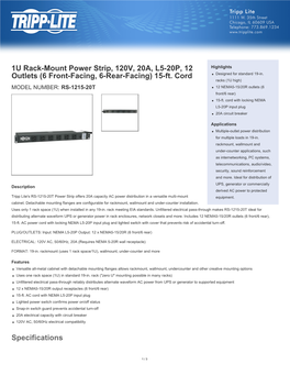 1U Rack-Mount Power Strip, 120V, 20A, L5-20P, 12 Outlets (6 Front