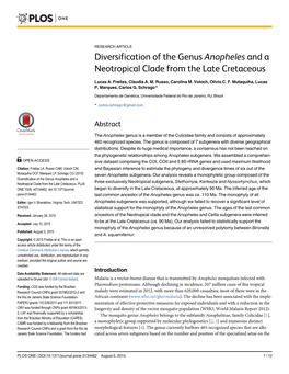 Diversification of the Genus Anopheles and a Neotropical Clade from the Late Cretaceous