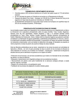 PARAMOS EN EL DEPARTAMENTO DE BOYACA • Colombia Posee El 49% De Área En Paramos En El Mundo, Las Cuales Ocupan El 1,7% Del Territorio Nacional