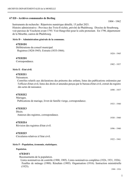 Archives Communales De Berling 1804 - 1962 Instruments De Recherche : Répertoire Numérique Détaillé, 15 Juillet 2021