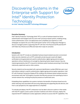 Discovering Systems in the Enterprise with Support for Intel® Identity Protection Technology an Intel® Identity Protection Technology Whitepaper