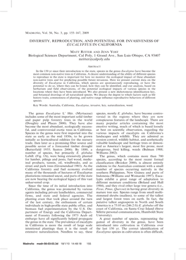 DIVERSITY, REPRODUCTION, and POTENTIAL for INVASIVENESS of EUCALYPTUS in CALIFORNIA Biological Sciences Department, Cal Poly, 1